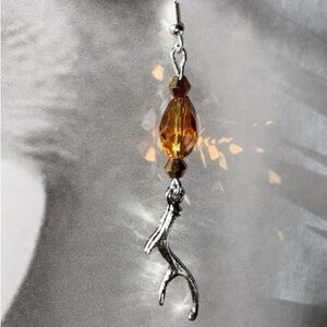 Handcrafted Deer Antler Drop Dangle Earrings with Sheer Chocolate Brown Bead